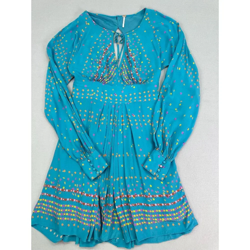 Free People Coryn Mini Dress Cherry Print Teal Blue Green Cut Out Pleated Size 4 - Picture 4 of 12